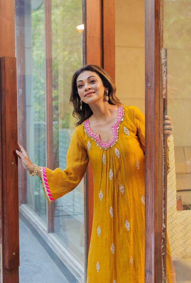 Meghna Nayyar in Mustard Embroidered Neck Front Gather Kurta Set
