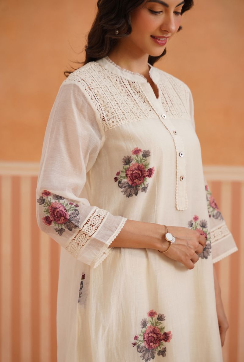 Off White Cross Stitch Embroidery Pehar Kurta Set