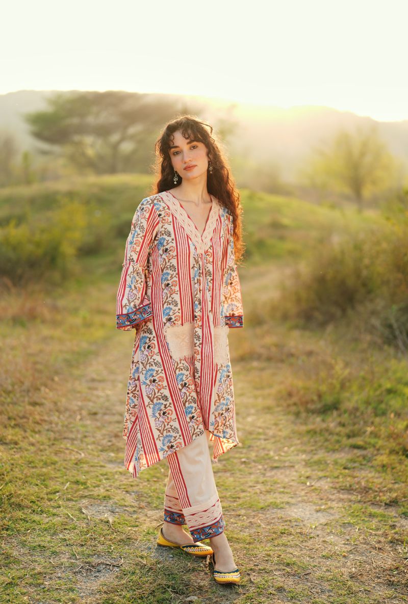 Pink V-Neck Front Gathered Kurta With Pocket Gulmohar Kurta Set