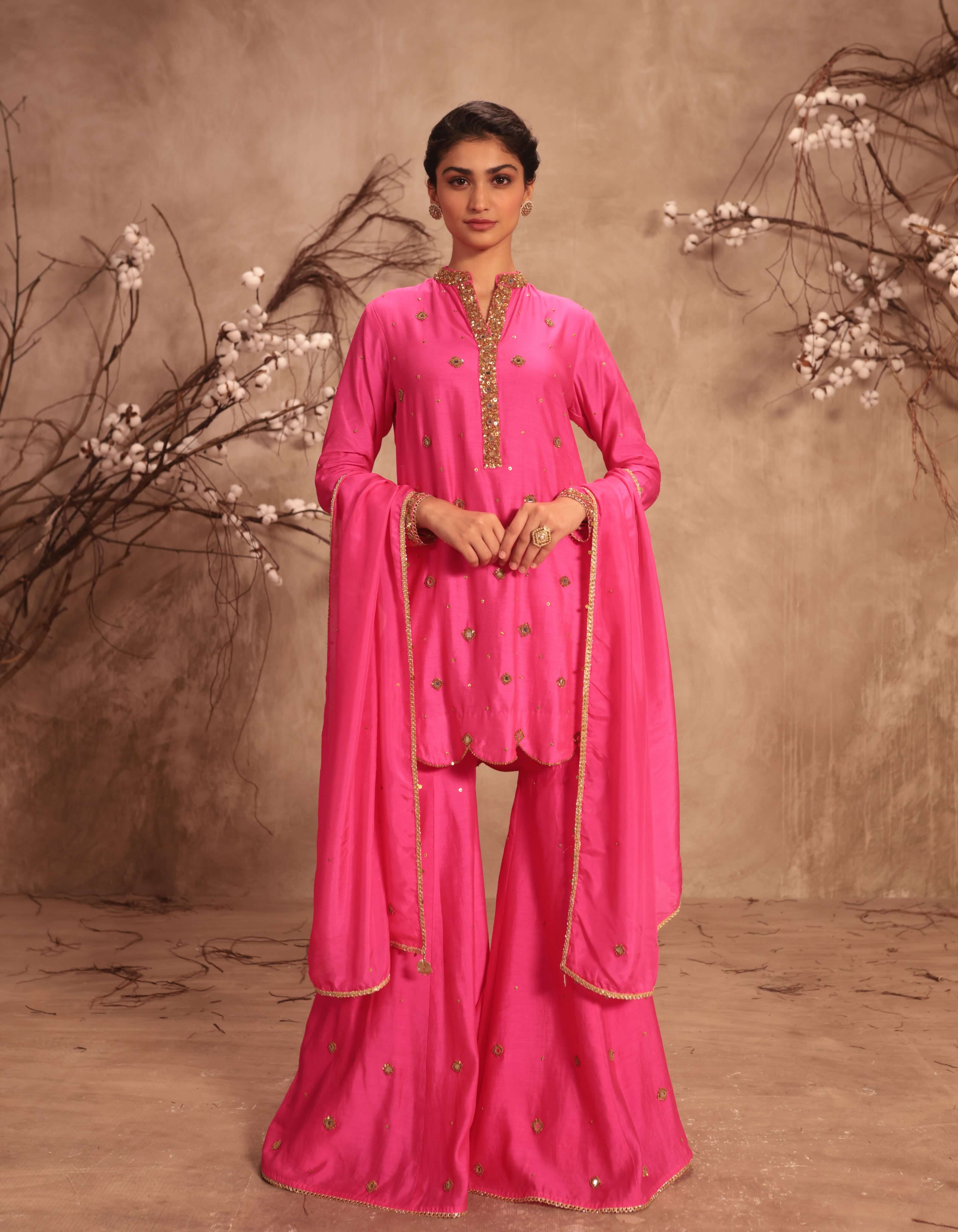 Hot Pink Mirror Work Rani Sharara Set