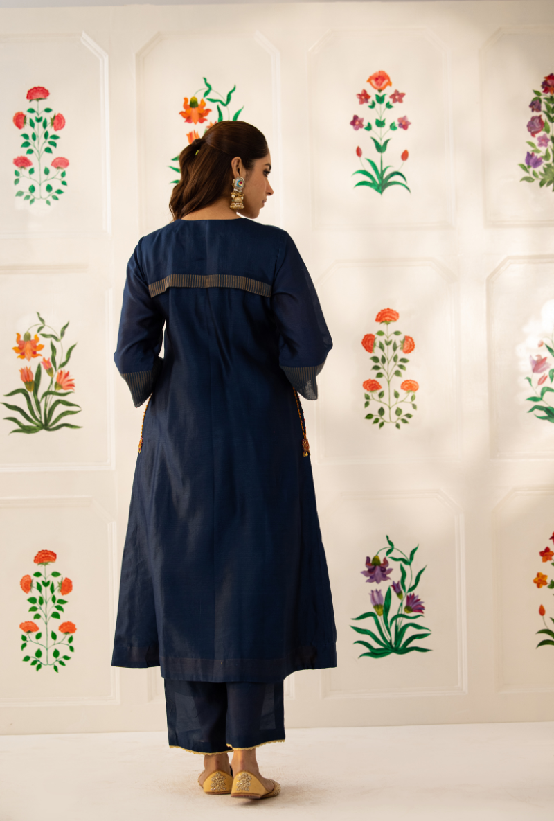 Blue Double Box Pleat Kishmish Kurta Set