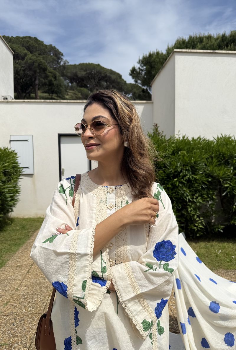 Meghna Nayyar in Off White Rose Print Bulbul Kurta Set