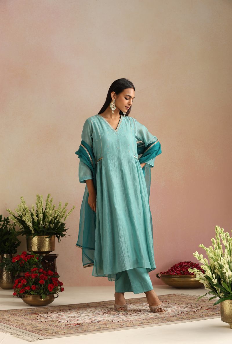 Ice Blue Zari And Dabka Work Itrh Kurta Set