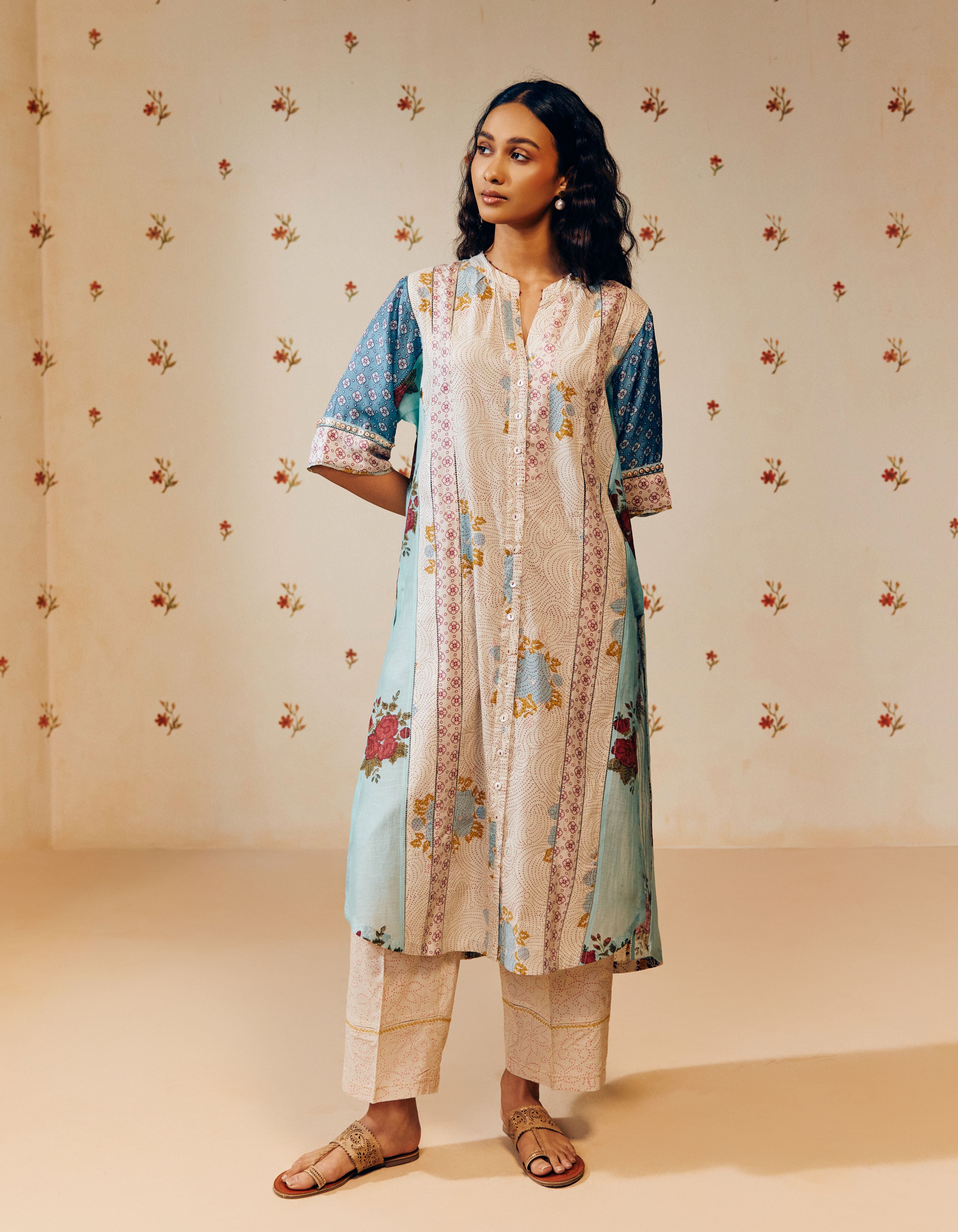 Blue and Off White Front Button Placket Hand Block Printed Multi Panel Mia Kurta Set