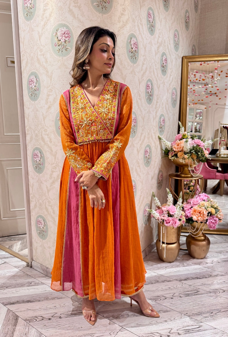 Meghna Nayyar in Rust Embroidered Overlap Yoke Anarakali Set