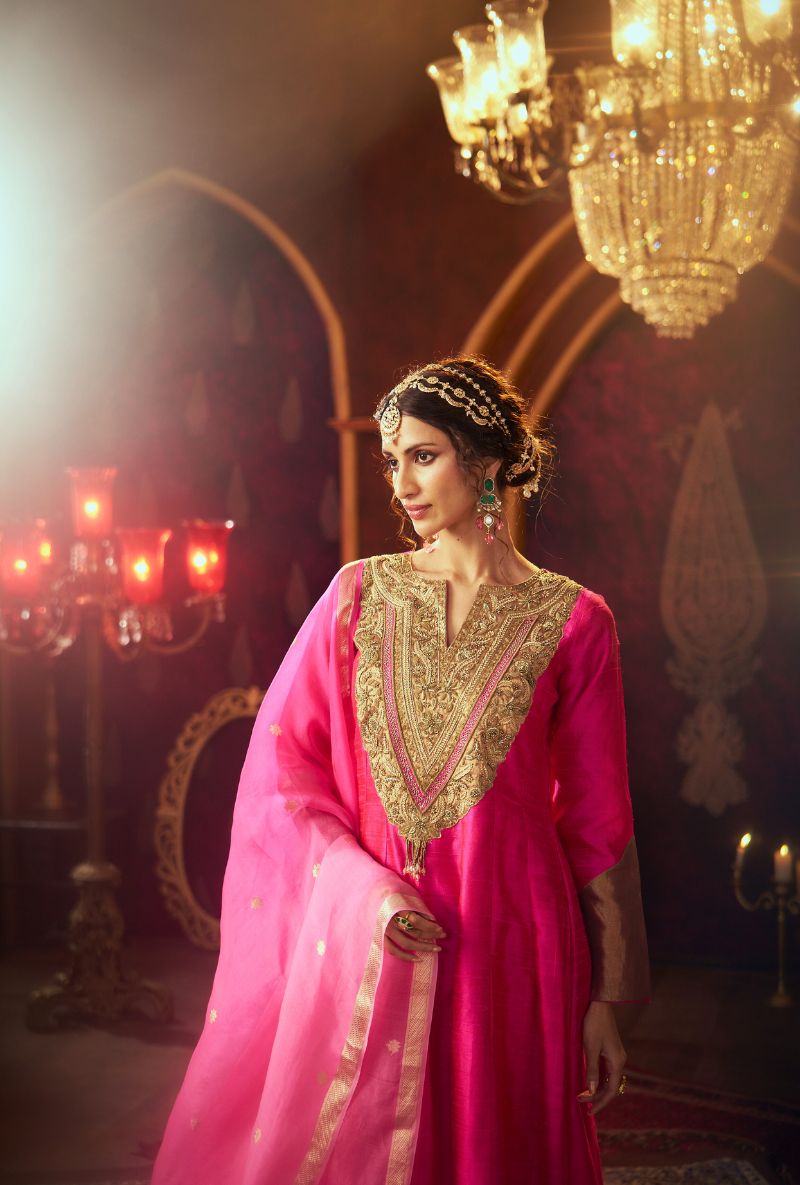 Hot Pink Heavy Embroidered Yoke Kainaat 2.0 Anarkali Set