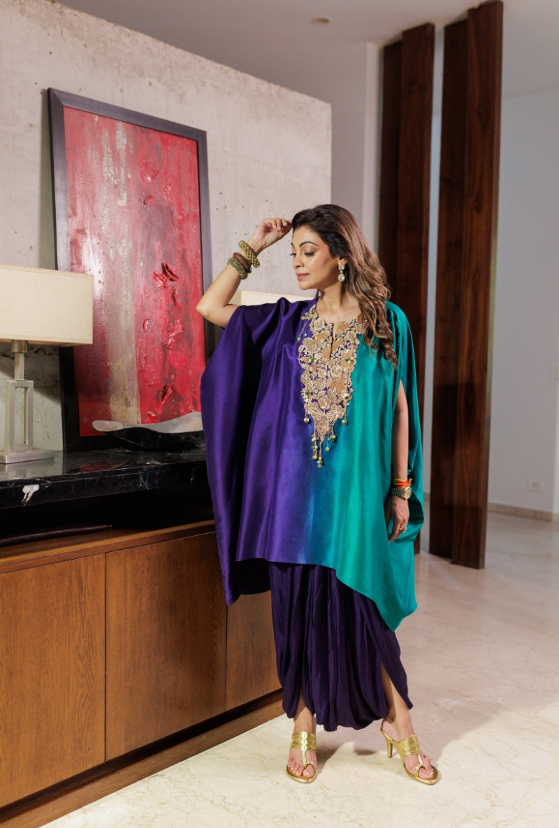 Meghna Nayyar in Purple &amp; Green Ombre Heavy Yoke Drape Dhoti Skirt Set