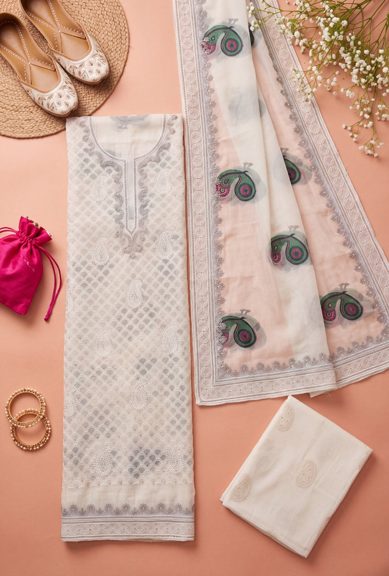 All Over Block Print Lucknowi Embroidery Unstitched Suit Set