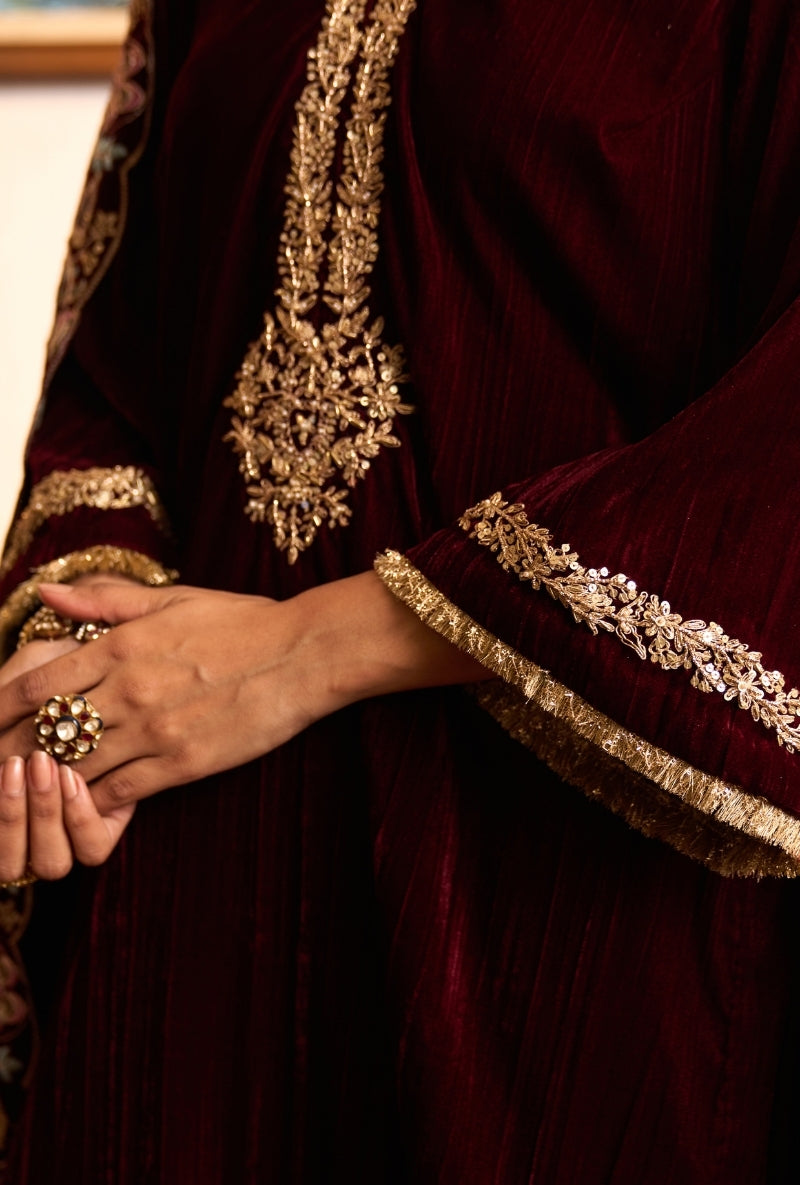 Wine Crushed Velvet Dilbar Kurta Set