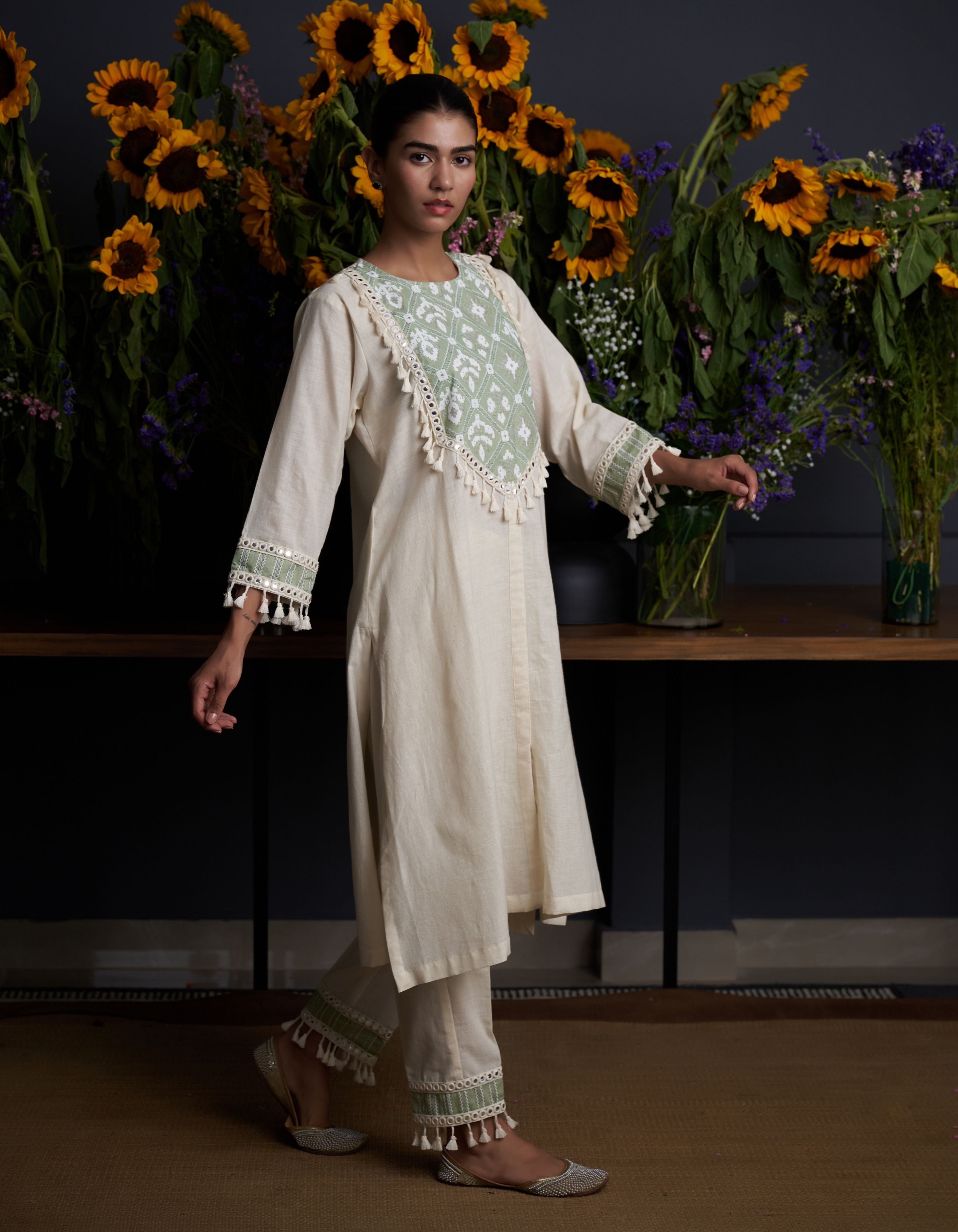 Beige Patterned Yoke Vedika Nadia Kurta Set