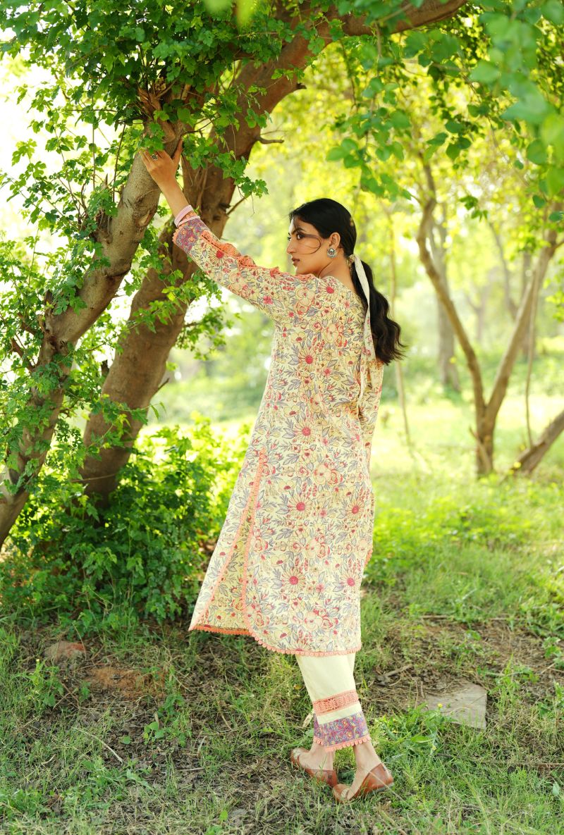 Light Yellow  V-Neck Handblock Straight Gulmohar Kurta Set