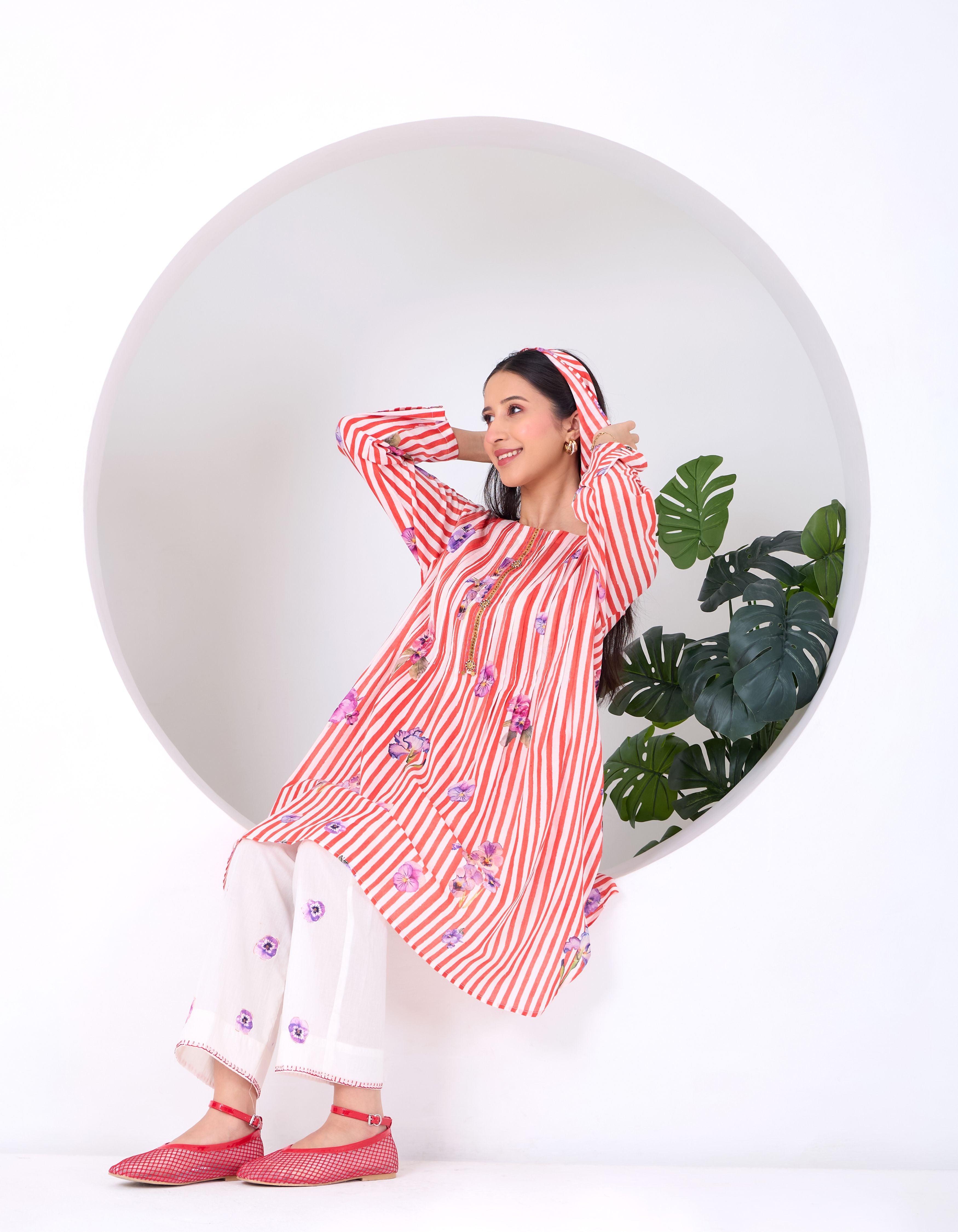 Red & Ivory Stripe Pansy June Kurta Set