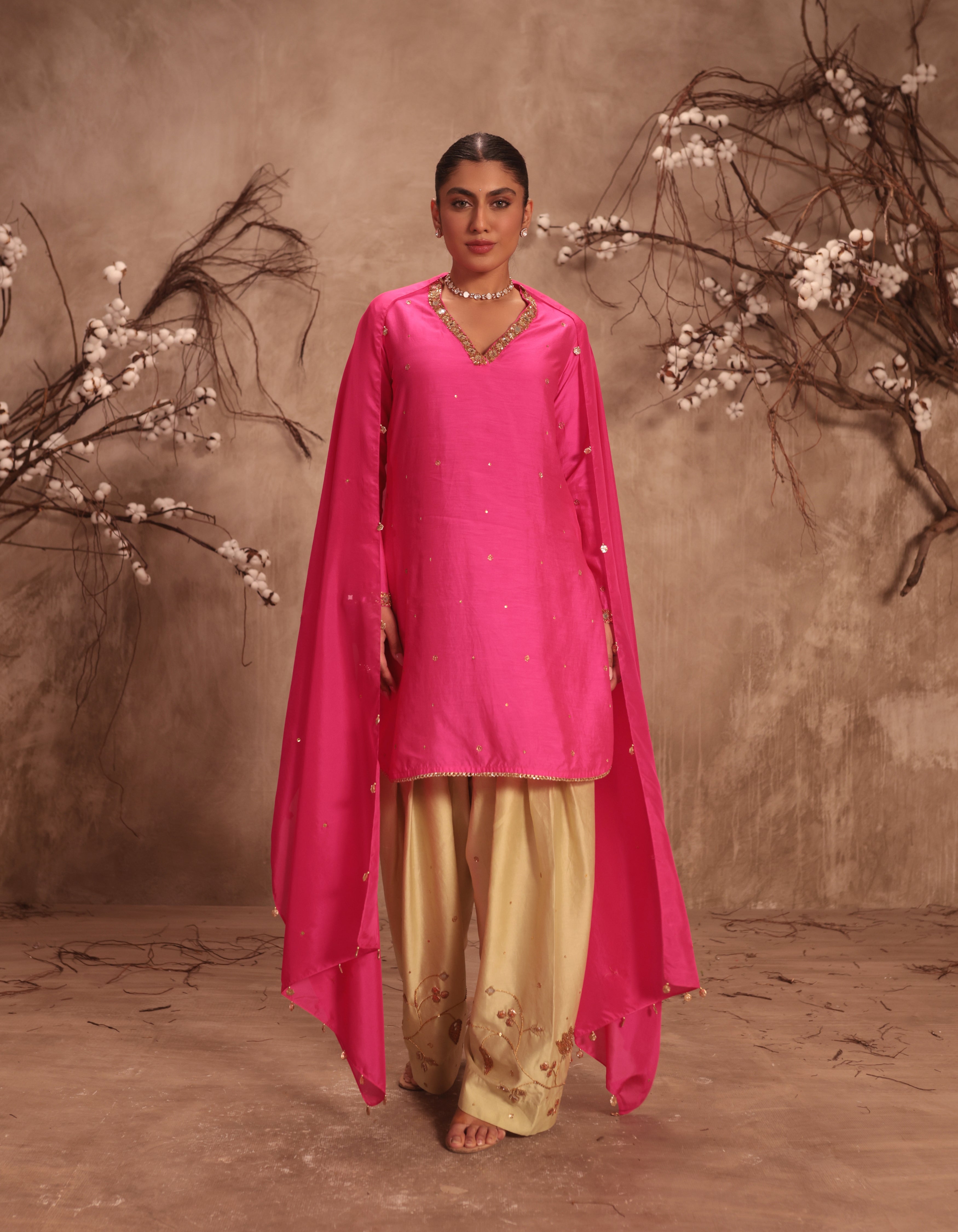 Hot Pink Jaal Rani Kurta Set
