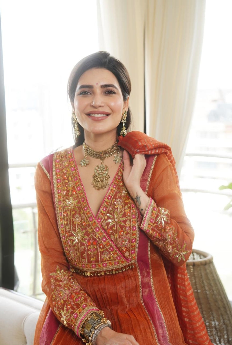 Karishma Tanna in Rust Embroidered Overlap Yoke Gulbano Anarkali Set