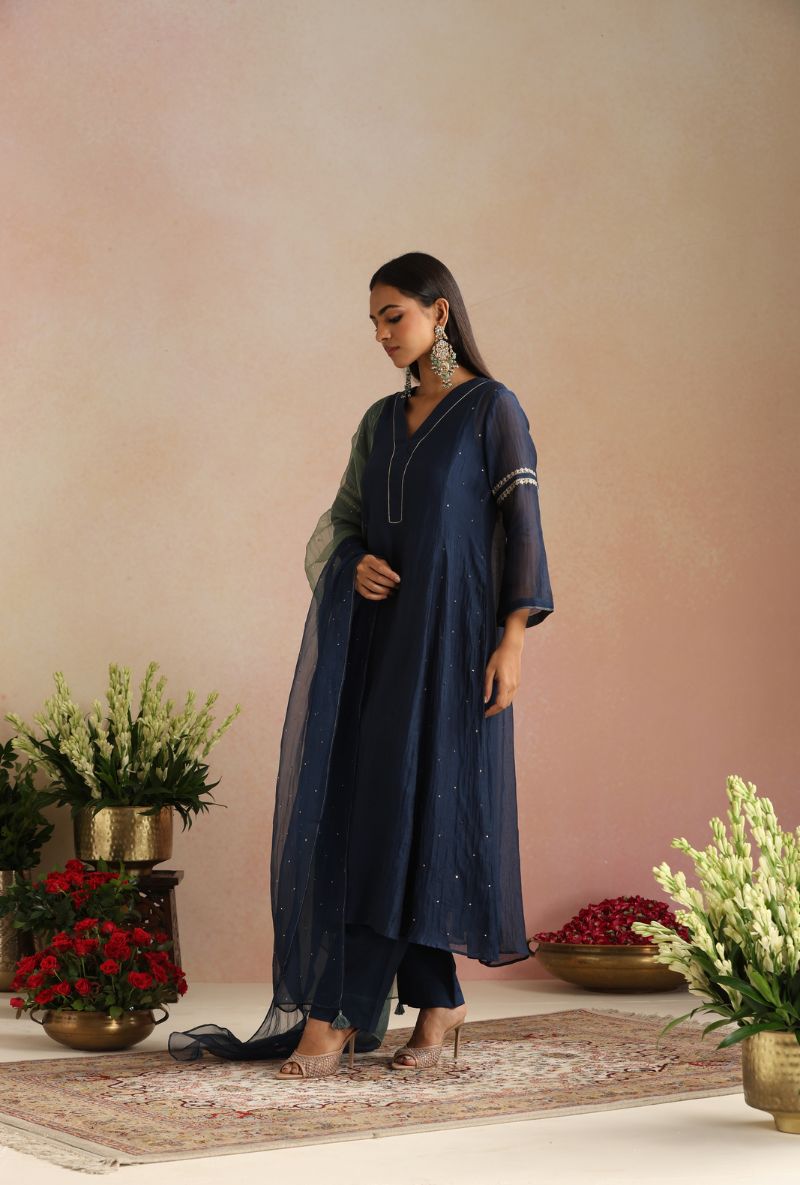 Navy Blue Zari Embroidery Itrh Kurta Set