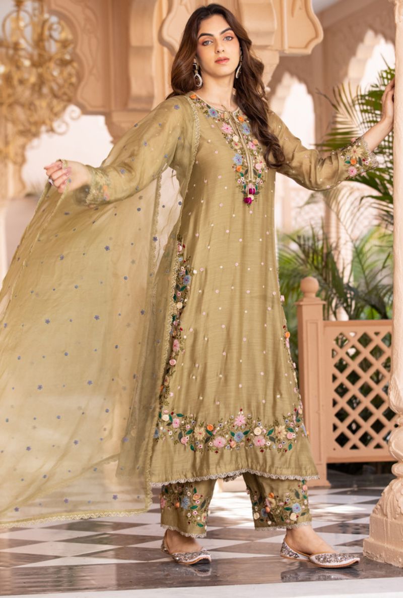 Olive Green Orchid Heavy Long Sahiba Kurta Set