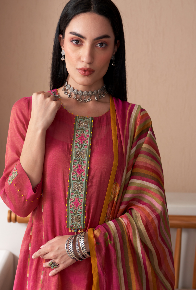 Pink Embroidered Placket Bageecha Anarkali Set
