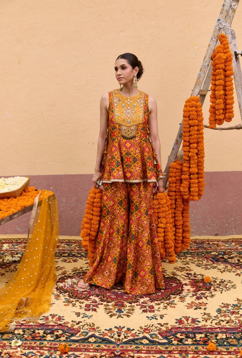 Yellow Patola Short Kali Oorja Sharara Set