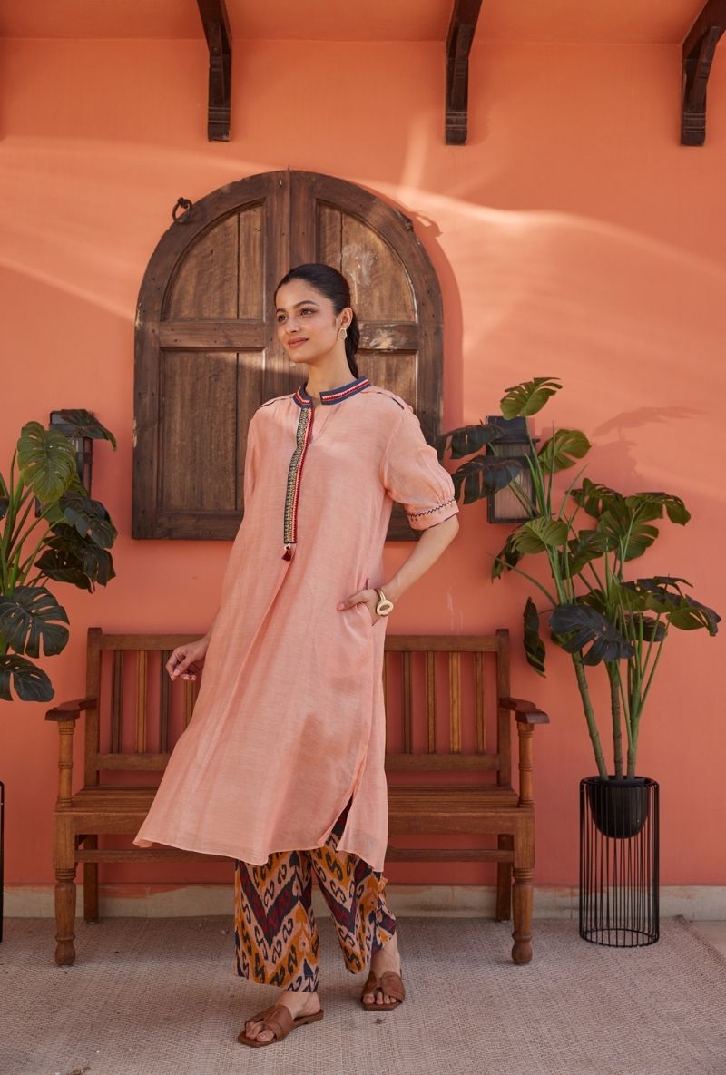 Rose Pink Marodi Embroidery Placket Maeri Kurta Set