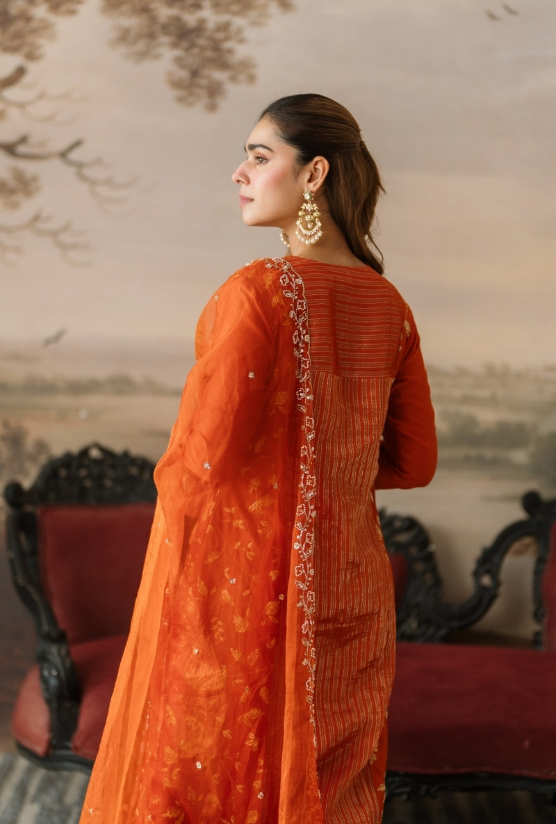 Orange Banarsi Stripe Gulbano Anarkali Set