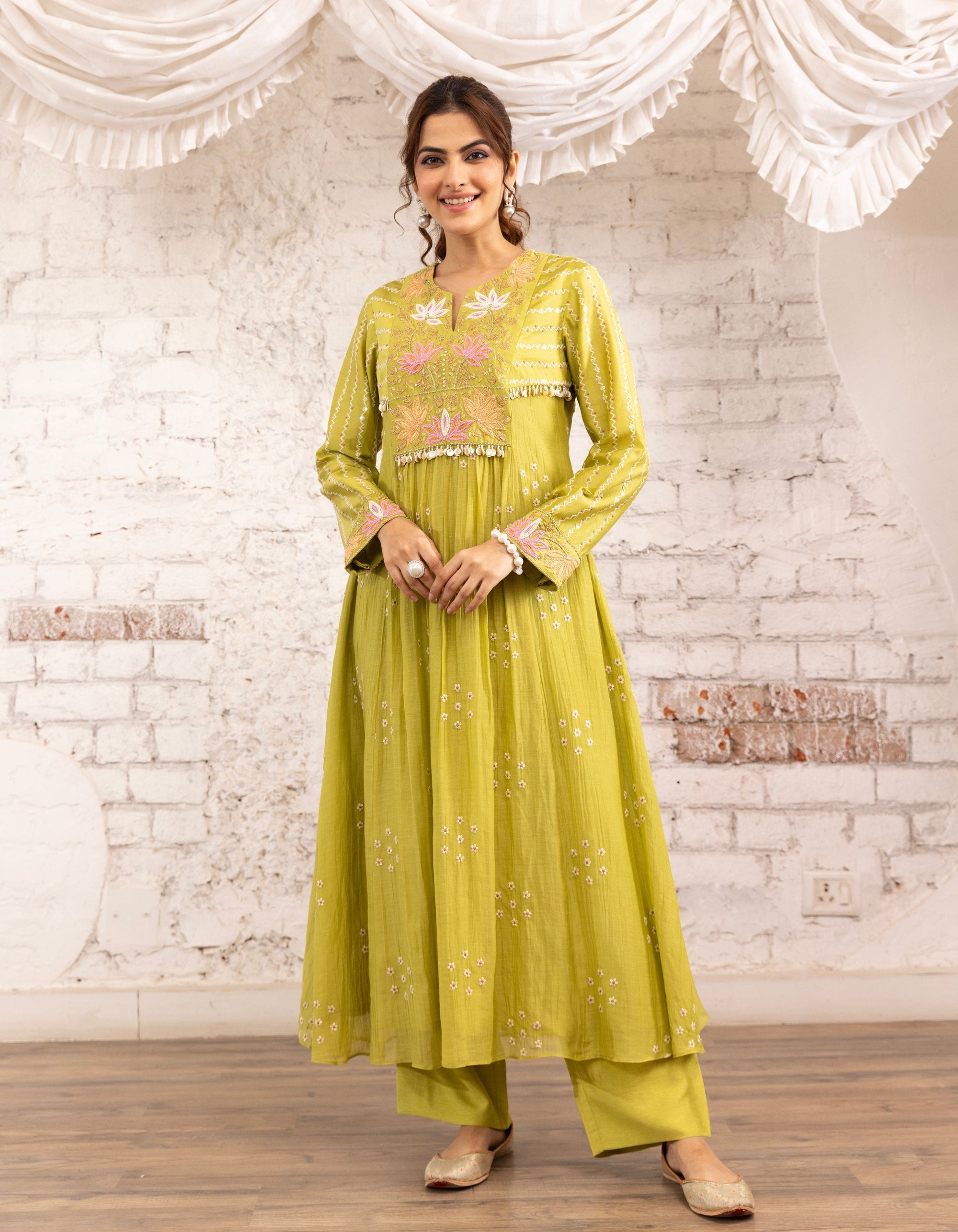 Green Lotus Yoke Noor Anarkali Kurta Set