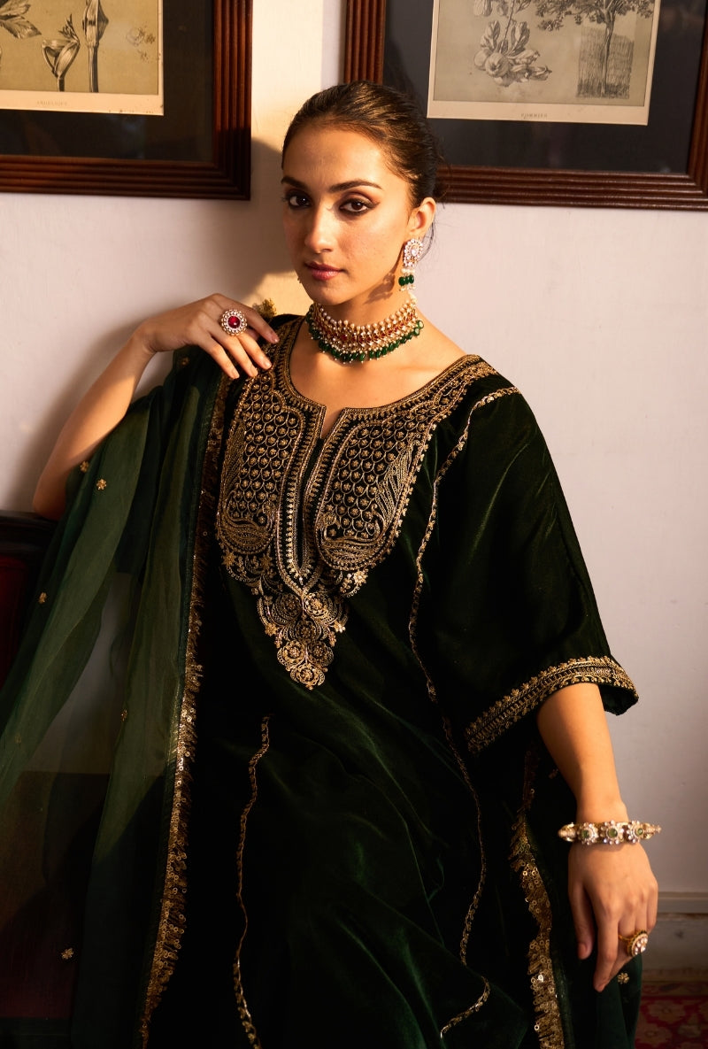 Bottle Green Choga Style Panneled Dilbar Kurta Set