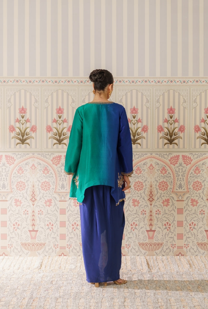 Blue &amp; Green Ombre Motif Hand Embroidery Mallika Drape Skirt Set
