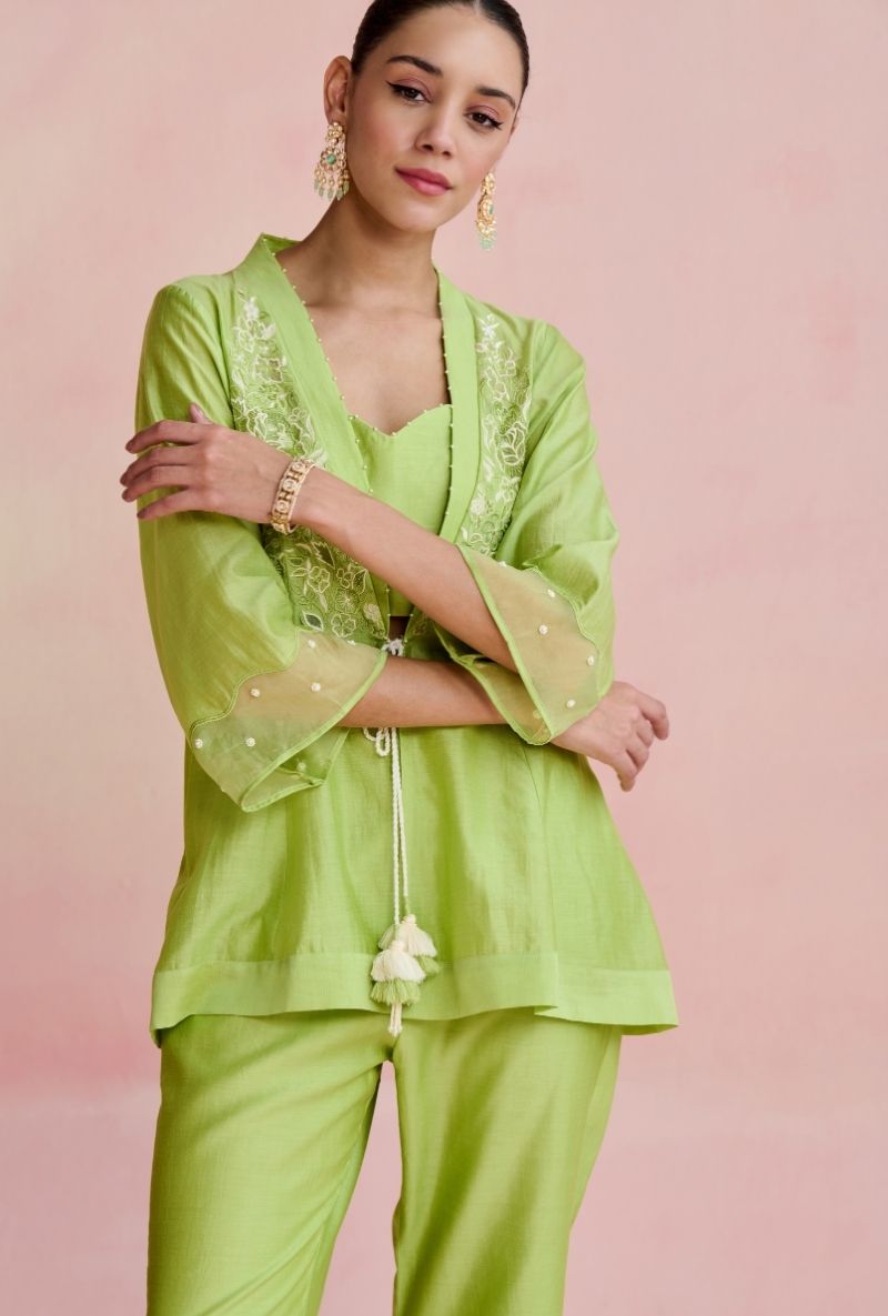 Light Green Front Open Peplum Amara Co-Ord Set