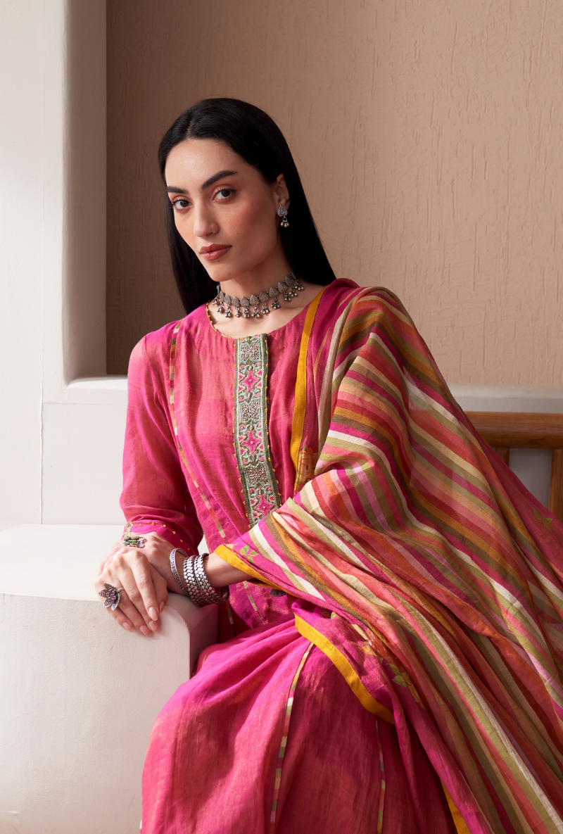 Pink Embroidered Placket Bageecha Anarkali Set