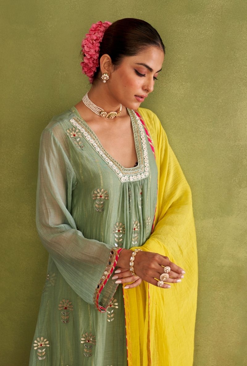 Sage Green Square Neck Morbagh Kurta Set