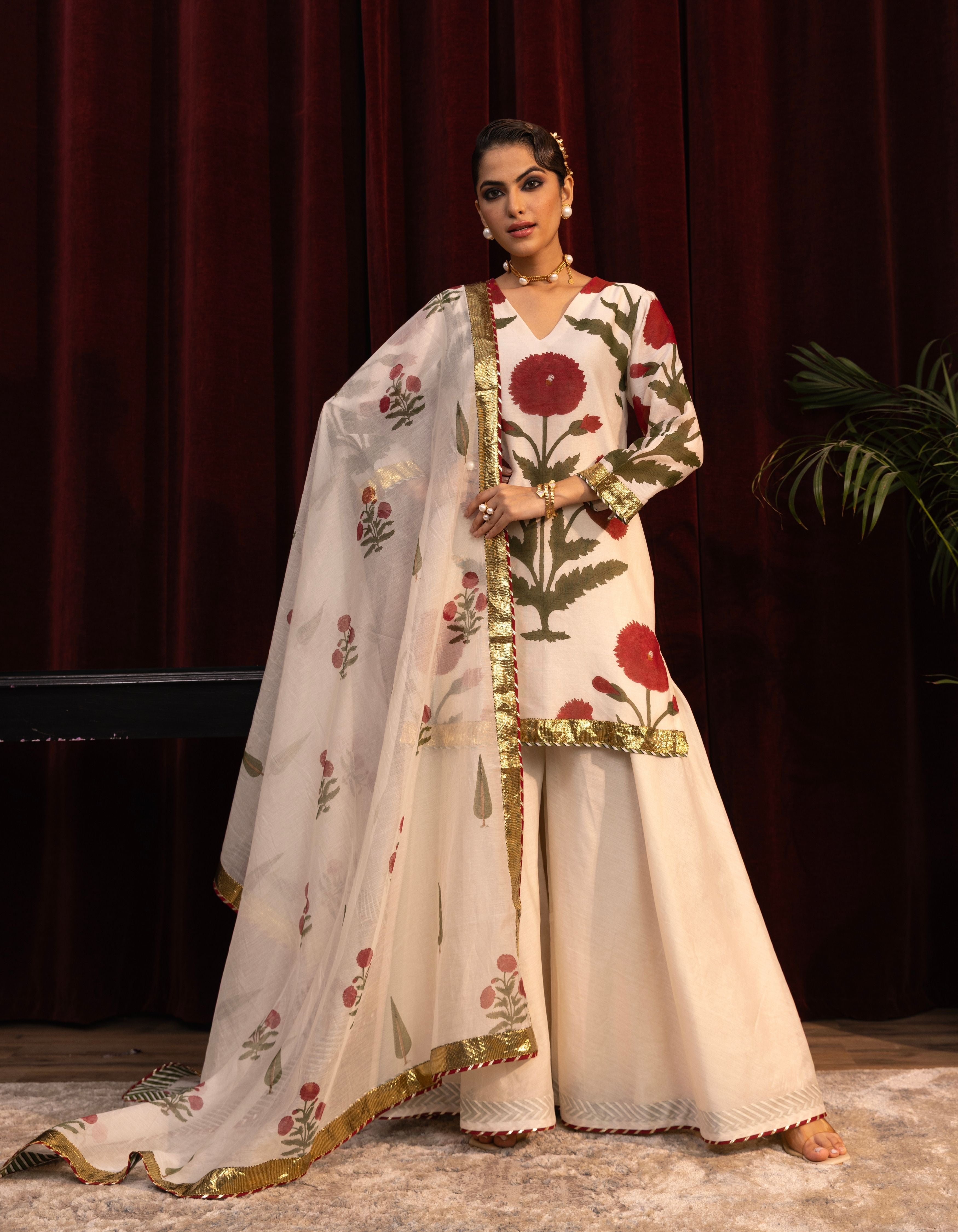 Ivory Poppy Block Print Mogra Sharara Set