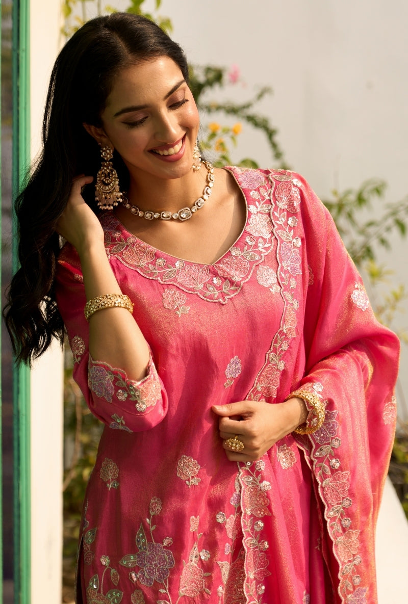 Pink Floral Thread Embroidery Nadira Sharara Set
