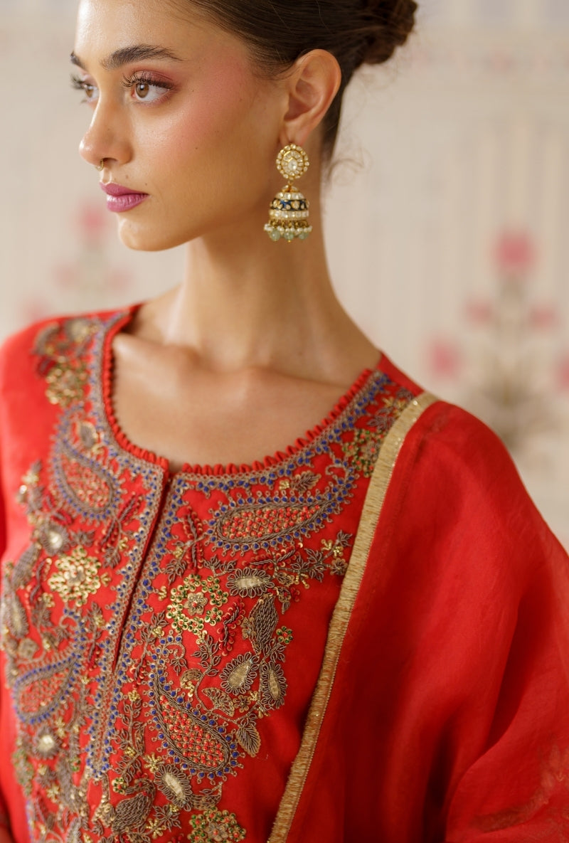 Rust Dabka Long Yoke Mallika Kurta Set