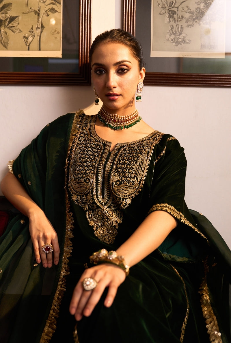 Bottle Green Choga Style Panneled Dilbar Kurta Set