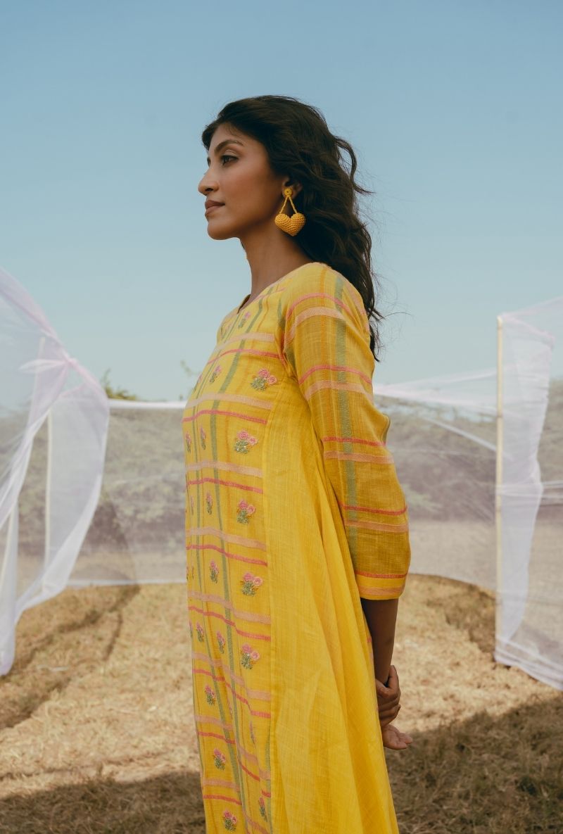 Yellow Madras Checks and Floral Motifs Barfi Kurta Set