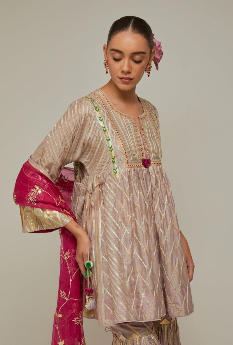 Lavender Short Choga Gota Work Mehreen Sharara Set