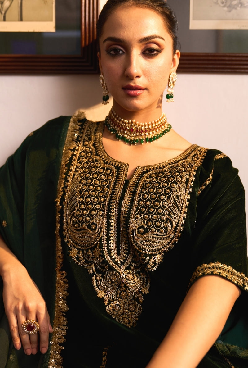 Bottle Green Choga Style Panneled Dilbar Kurta Set