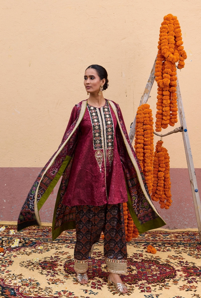 Maroon Printed Jacket Oorja Salwar Set