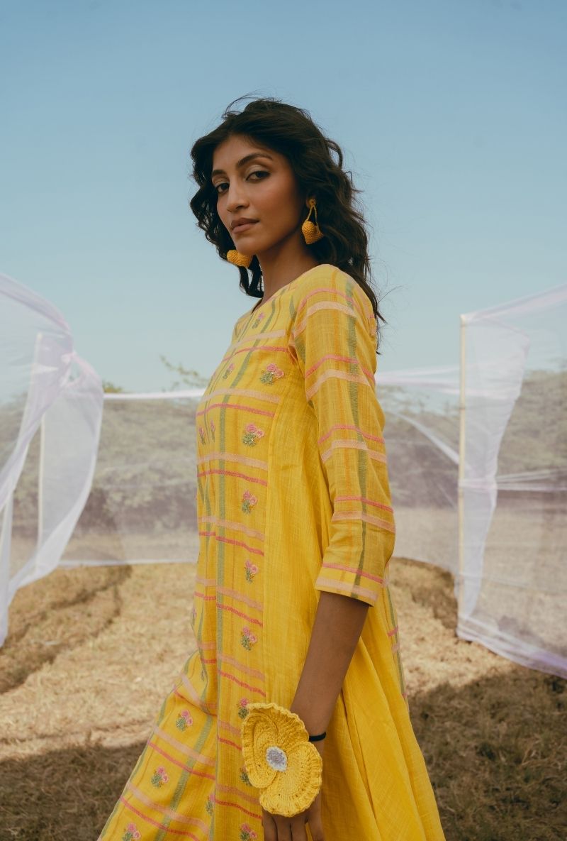 Yellow Madras Checks and Floral Motifs Barfi Kurta Set