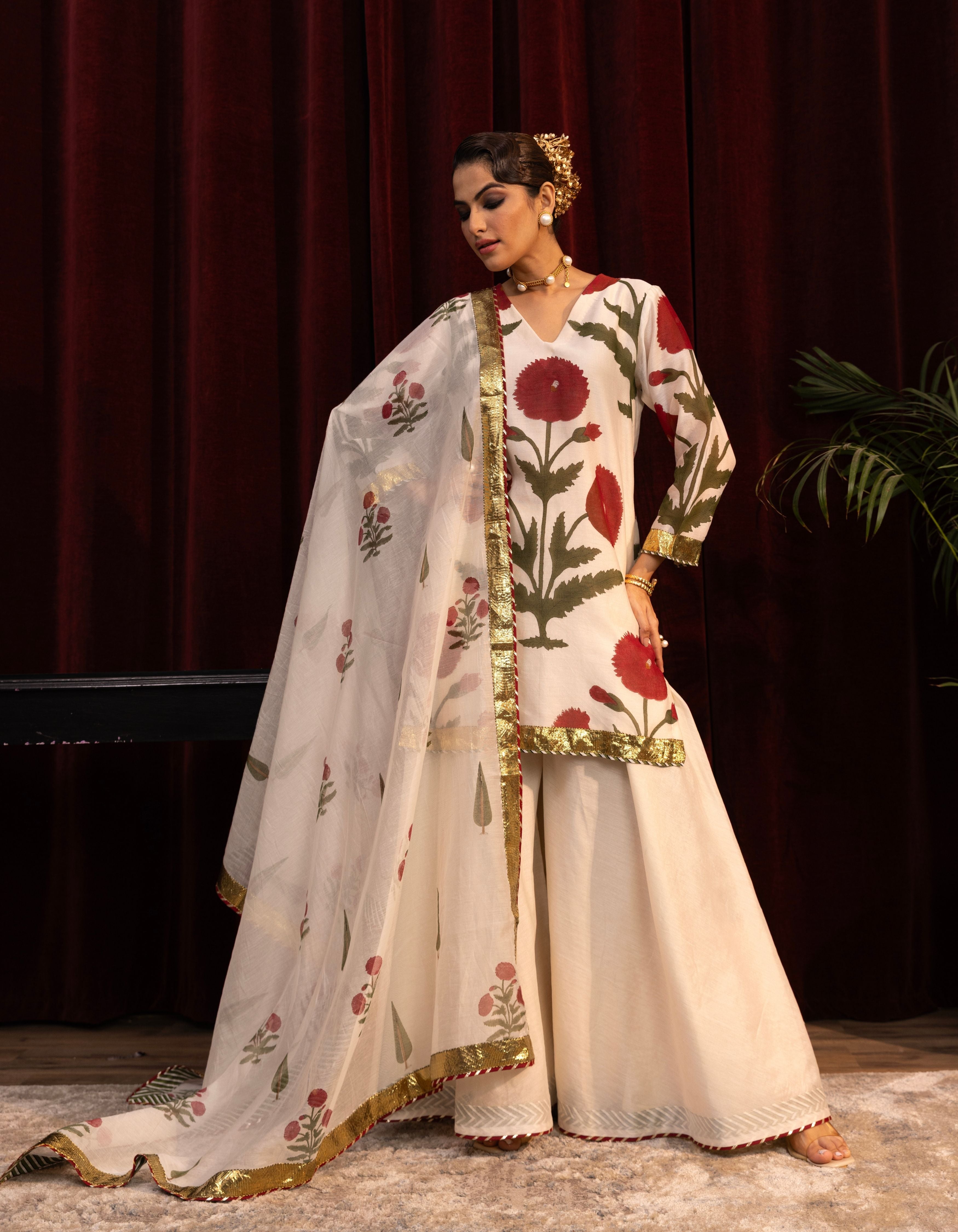 Ivory Poppy Block Print Mogra Sharara Set