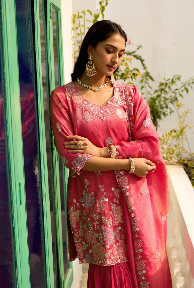Pink Floral Thread Embroidery Nadira Sharara Set