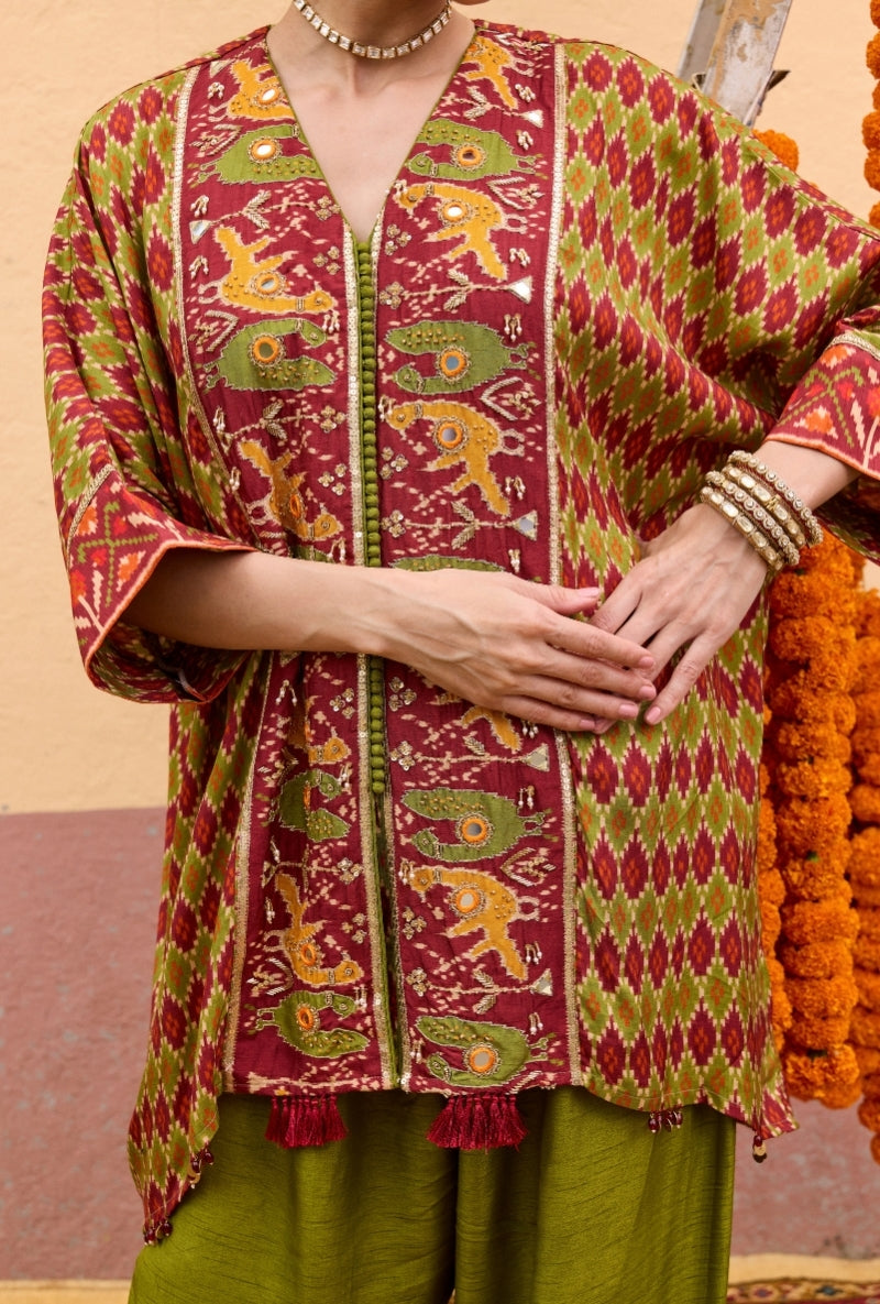 Green Patola Printed Short Oorja  Kaftan Set
