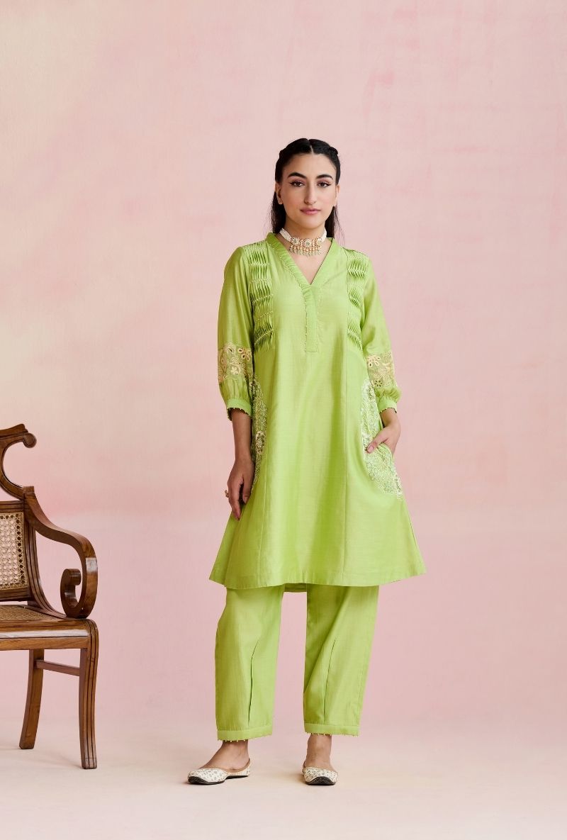 Light Green Fine Pleated Smocking Amara Kurta Set