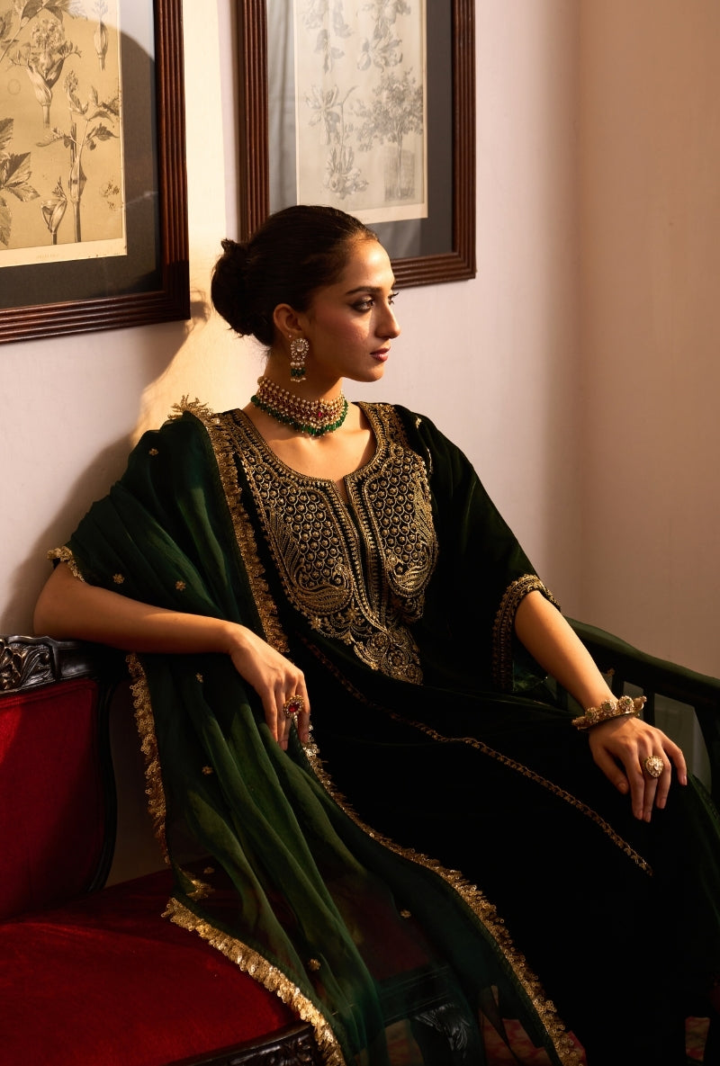 Bottle Green Choga Style Panneled Dilbar Kurta Set