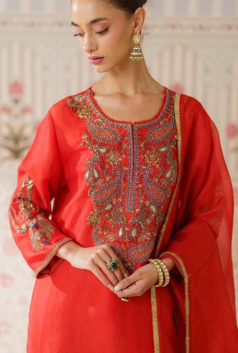 Rust Dabka Long Yoke Mallika Kurta Set