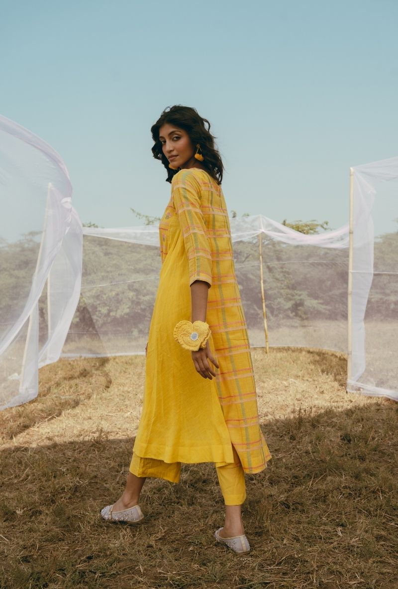 Yellow Madras Checks and Floral Motifs Barfi Kurta Set
