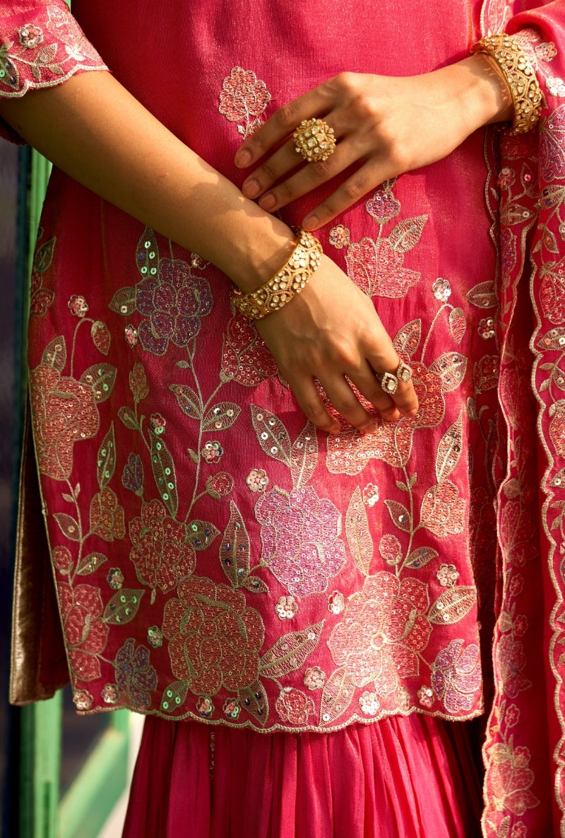 Pink Floral Thread Embroidery Nadira Sharara Set