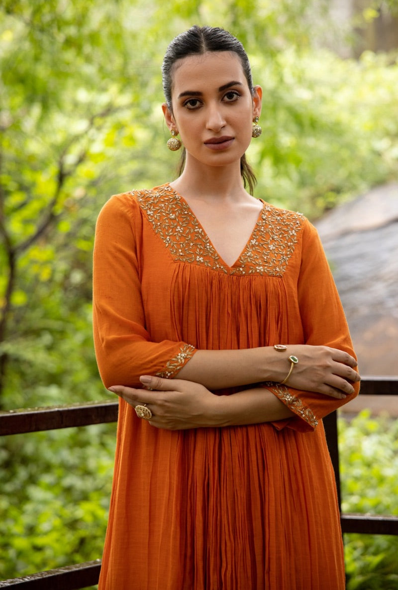 Orange Front Pleat Kurta Set