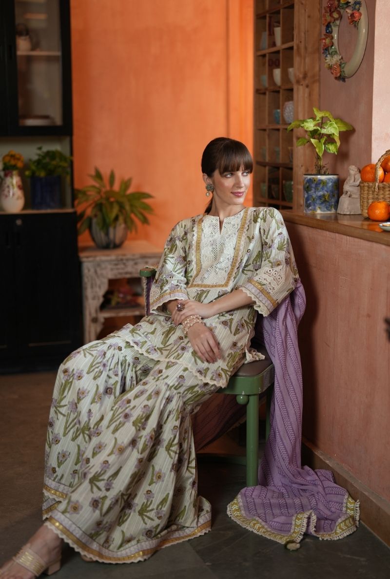 Ivory Handblock Print Short Kurta Raisa Gharara Set