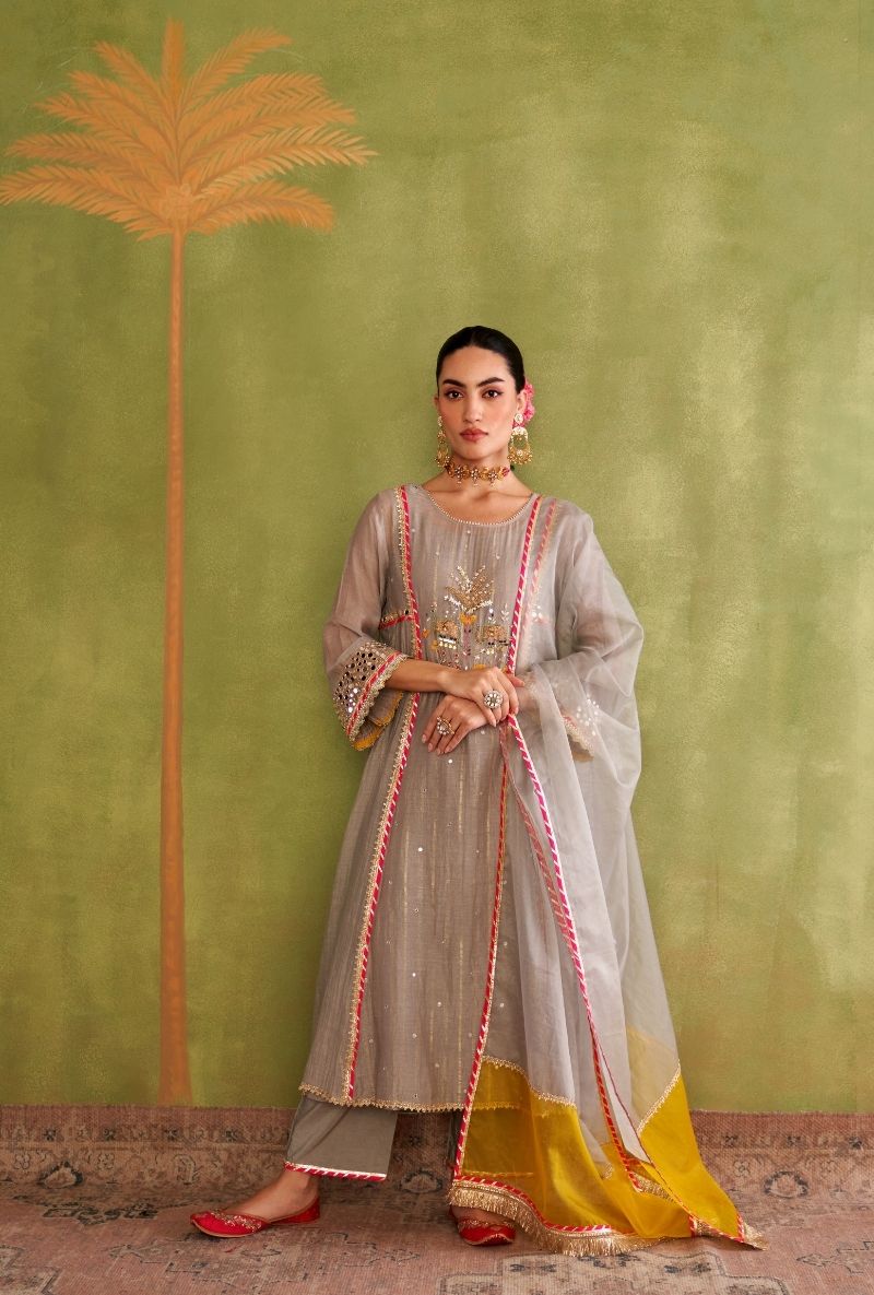 Grey Elephant Motif Morbagh Kurta Set